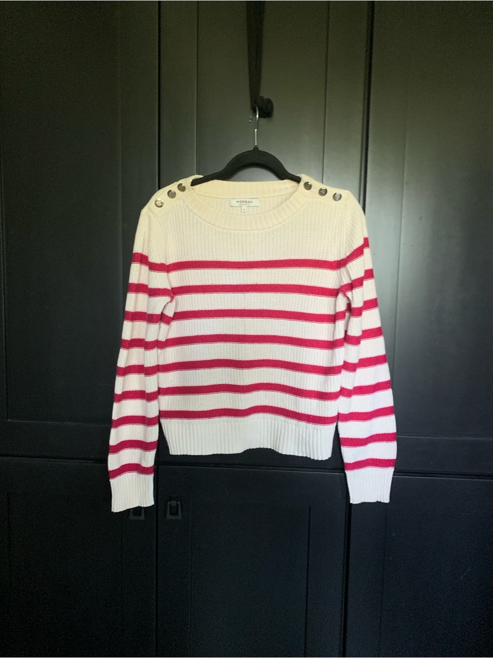 Morgan de Toi White & Red Striped Button-Shoulder Sweater